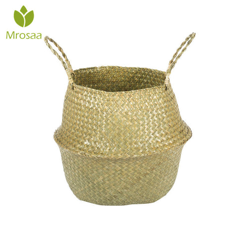 Hot Household Foldable Natural Seagrass Woven Storage Pot Garden Flower Vase Hanging Basket With Handle Storage Bellied Basket